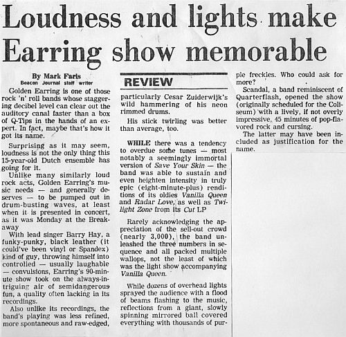 Golden Earring show review Akron - Breakaway March 14, 1983